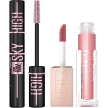 Renas Store Maybelline New York Lash Sensational Sky High Cosmic Black Maskara + Lifter Gloss Nemlendirici Dudak Parlatıcısı- 004 Silk Makyaj Seti