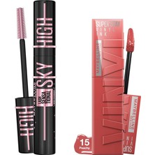 Renas Store Maybelline New York Lash Sensational Sky High Cosmic Black Maskara + Super Stay Vinyl Ink Uzun Süre Kalıcı Likit Parlak Ruj 15 Peachy