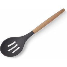 Renas Store Deconox Bambu Saplı Silikon Delikli Servis Kaşığı, Bambu Uzun Silikon Delikli Servi Kaşığı 27CM 3 Renk Seçenekli (Siyah)