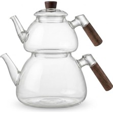 Renas Store Deconox 1800 ml + 550 ml Akasya Cam Çaydanlık Takımı - Ahşap Kulplu, Isıya Dayanıklı Borosilikat Şeffaf Çaydanlık, Yaylı Süzgeçli Şık Lüks Tasarım