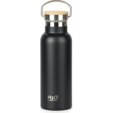 Renas Store Deconox Bambu Kapaklı Siyah Çelik Termos Matara - 500 ml Sızdırmaz Kilitli Mug - Doğal Ahşap Detaylı Sıcak ve Soğuk Tutan Ofis Termosu