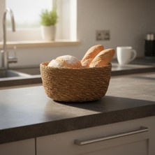 Renas Store Deconox El Yapımı Hasır Yuvarlak Ekmek Sepeti, Içi Bezli Çok Amaçlı Dekoratif Sepet ve Mutfak Düzenleyici (18X18X8 Cm)
