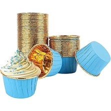 Renas Store Dolphin 25LI Muffin Kalıbı - Cupcake Kalıpları, Su Geçirmez ve Yağ Geçirmez Pişirme Kağıtları, Ev Veya Parti Için Alüminyum Folyo Pişirme Kek Kapları - Mavi-Altın
