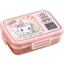 Renas Store Vagonlife Bento 820ML Lunchbox Sevimli Dostlar Tek Katlı 3 Bölmeli Paslanmaz Çelik Sefer Tası Yemek Kutusu (Pembe Unicorn)
