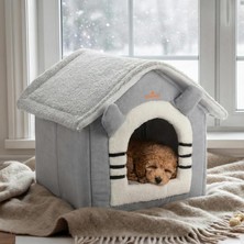 Renas Store Gobypet Klasik Çatılı Kedi Evi ve Küçük Irk Köpek Kulübesi ve Yuvası – Minderli Peluş Iç Mekan Yatağı, Fermuarlı Üst Bölüm, Taşınabilir Ev Tipi Yuva