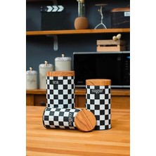 Renas Store Ucr Home 3'lü Set Metal Çay Kahve Şeker Saklama Kavanozu - Dama Desenli