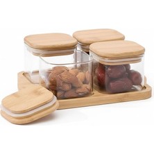 Renas Store Amberhaus Bambu Kapaklı Cam Kahvaltılık Seti | Ahşap Standlı | Şık Tezgah Üstü Baharat ve Kuruyemiş Düzenleyici Kavanoz (Bambu, 4'lü Set)