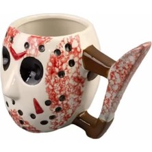 Renas Store Freddy Krueger Jason Maskesi Tasarım Seramik Kupa, Kanlı Efektli, Bıçak Saplı, Korku Filmi Temalı Bardak