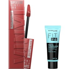 Renas Store Maybelline New York Super Stay Vinyl Ink Uzun Süre Kalıcı Likit Parlak Ruj 35 Cheeky & Mini Fit Me Matte - Poreless Matlaştırcı Makyaj Bazı Makyaj Seti