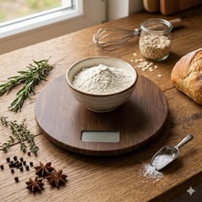 Renas Store Amberhaus Doğal Akasya Ahşap Dijital Mutfak Terazisi, 5 kg Kapasiteli Hassas Yemek ve Kahve Tartısı, Minimalist Tasarım (Yuvarlak)