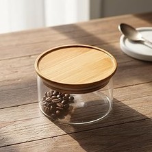 Renas Store Deconox Doğal Bambu Kapaklı Borosilikat Cam Saklama Kabı - 300 ml Vakumlu Yuvarlak Baharatlık, Çay ve Kahve Kavanozu