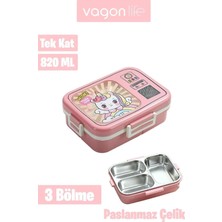 Renas Store Paslanmaz Çelik Desenli Beslenme Kutusu - 820 ml Renkli ve Eğlenceli Çocuk Beslenme Kabı (Pembe)
