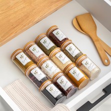 Renas Store Porsima 3179 Cam 12 Parça Vakumlu Bambu Kapaklı Baharatlık Seti Takımı, Saklama Kabı Etiketli (150ML)