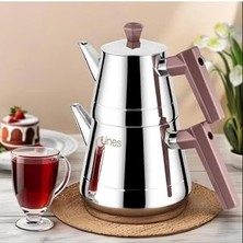 Renas Store Yonca Lines L-3064 Piramit Orta Boy Çelik Çaydanlık Takımı Bakalit Bronz