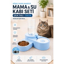 Renas Store Miapet Köşeli Ayarlanabilir Hazneli Çelik Taslı Kedi-Köpek Mama ve Su Kabı Seti 1000ML Turkuaz