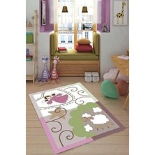 Renas Store Pelangi Kuzu ve Melek Desenli Renkli Dijital Baskı Yıkanabilir Kaymaz Taban Çocuk Odası Halısı, Pembe 160 x 230