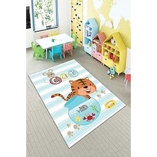 Renas Store Pelangi Mavi Kedi Desenli Yıkanabilir Kaymaz Taban Leke Tutmazbebek ve Çocuk Odası Halısı, Mavi 100 x 250