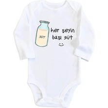 Renas Store Unisex Bebek Beyaz Herşeyin Başı Süt Baskılı Uzun Kollu Çıtçıtlı Body 1232EBB