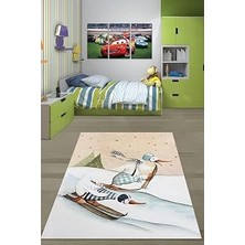 Renas Store Pelangi Kayak Yapan Leylekler Kış Temalı Yıkanabilir Kaymaz Taban Leke Tutmaz Çocuk Odası Halısı, Mavi-Bej-Yeşil 130 x 180, 7642012813018005