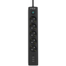 Renas Store Inca IPW-44TU 5 Port 2x USB Type-C Akım Korumalı LED Tuşlu Priz 1.5m - Siyah Çocuk Koruma Özelliği 3 Usb-A + 1 Type-C Giriş Akım Korumalı 5 Soket Güç Max. 3680 W