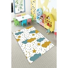 Renas Store Pelangi Beyaz Bulut Yıldız Yıkanabilir Kaymaz Taban Leke Tutmazbebek ve Çocuk Odası Halısı, Mavi-Beyaz 120 x 200