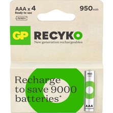 Renas Store Gp Batteries Recyko 950 Aaa Ince Kalem Ni-Mh Şarjlı Pil, 1.2 Volt, 4'lü Kart