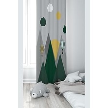 Renas Store Pelangi Gri Dağ ve Balon Desenli Dijital Baskı Yıkanabilir Bebek Çocuk Odası Fon Perdesi, Yeşil-Gri 140 x 200