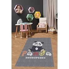 Renas Store Pelangi Sevimli Panda Gri Yıkanabilir Kaymaz Taban Leke Tutmaz Çocuk Odası Halısı, Siyah-Beyaz-Gri-Turuncu 80 x 350, 9038680056280350