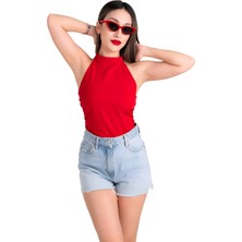 Moviment Kırmızı Fitted Vücuda Oturan Boyundan Bağlamalı Bluz | Büzgü Drape Detaylı Paper Touch Örme Kumaş | Kolsuz Esnek Regular Boy