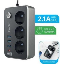 Renas Store Pıranha 3396 3lü Priz 3 USB Girişli 2mt. Akım Korumalı