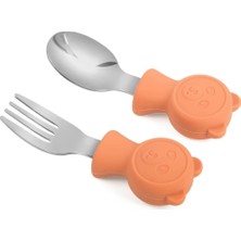 Renas Store Valkyrie 304 Çelik Panda Bebek Kaşık Çatal Setisilikon Saplı Bpa Içermez Ergonomik Kaymaz Turuncu