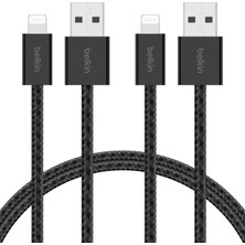 Renas Store Belkin 2'li Örgülü Usb-A - Lightning Kablo, 1,5 M, Yumuşak, Esnek ve Hızlı Şarj Kablosu, iPhone 14 ve Önceki Modeller, 9. Nesil iPad ve Airpods ile Uyumlu, Siyah