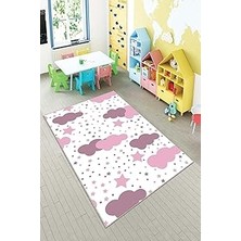Renas Store Pelangi Beyaz Pembe Bulut Desenli Yıkanabilir Kaymaz Taban Leke Tutmazbebek ve Çocuk Odası Halısı, Pembe-Beyaz 120 x 200