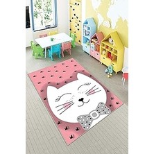 Renas Store Pelangi Pembe Kedi Desenli Yıkanabilir Kaymaz Taban Leke Tutmazbebek ve Çocuk Odası Halısı, Açık Pembe-Beyaz 160 x 300