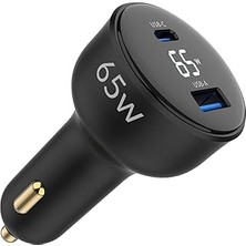 Renas Store Juo 65W LED Ekranlı Type-C + Usb-A Araç Şarj Aleti iPhone & Android & Notebook Araç Içi Şarj Cihazı