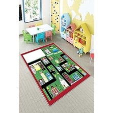 Renas Store Pelangi Kırmızı Araba Yollu Şehir Desenli Yıkanabilir Kaymaz Taban Leke Tutmazbebek ve Çocuk Odası Halısı, Kırmızı-Yeşil 100 x 350