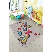 Renas Store Pelangi Gri Kelebekler Desenli Yıkanabilir Kaymaz Taban Leke Tutmazbebek ve Çocuk Odası Halısı, Gri-Pembe 80 x 350, 90135716680350