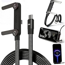 Renas Store Yeni Pro Tech 240W Destekli Standlı 1,5metre Siyah Hasır Kablo Type-C Girişli Şarj Kablosu