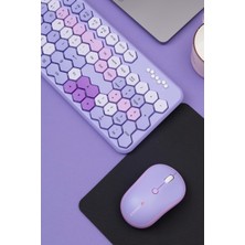 Renas Store Petek Görünümlü Kablosuz Renkli Klavye Mouse Seti - Retro, Sessiz, Q Türkçe Dizayn (Mor)