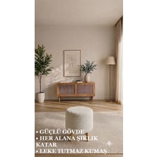 Peluş Beyaz Puf Ahşap Ayaklı - Dekoratif Puf Koltuk - Yuvarlak Makyaj Sandalyesi