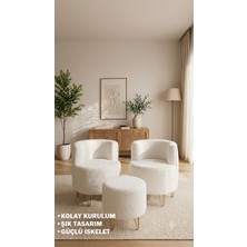 Peluş 2'li Berjer ve Puf Çay Seti Gold Ayaklı - 3'lü Takım - Kolay Kurulum