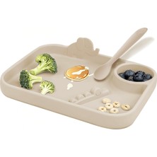 Renas Store Meleni Baby 2'li Silikon Beslenme Seti - 3 Bölmeli Silikon Beslenme Tabağı - Diş Kaşıyıcı Özellikli Kaşık - Bej