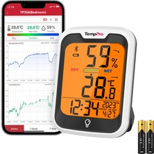 Renas Store Thermopro TP358 Dahili Saatli Termometre Higrometre, Bluetooth Dijital Ev Termometresi, Veri Depolama ve Oda Için Uyarı Fonksiyonlu Arkadan Aydınlatmalı Nem Ölçer