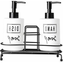 MarkEntegra Şık Tasarımlı Beyaz Cam Sıvı Sabunluk Seti, Metal Stand ile El Sabunu ve Deterjan Dispenseri