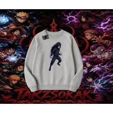 Tarzsokak Madara Uchiha Naruto Anime Karakteri Oversize Unisex Bisiklet Yaka Sweatshirt Beyaz