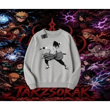 Tarzsokak Sasuke Uchiha Naruto Anime Karakter Oversize Unisex Bisiklet Yaka Sweatshirt Beyaz