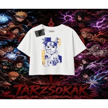 Tarzsokak Kakashi Hatake Naruto Anime Karakteri Kadın Crop Tişört Beyaz