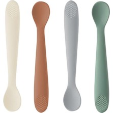 Renas Store Meleni Baby 4'lü Silikon Mama Kaşığı - Diş Kaşıyıcı Bebek Beslenme Kaşığı Silikon Kaşık Gri, Yeşil, Kahve, Bej