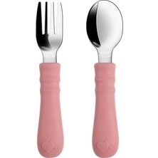 Renas Store Silikon Saplı Paslanmaz Çelik Bebek Kaşık Çatal Seti (Pembe)