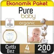 Renas Store Pure Baby Organik Pamuklu Cırtlı Bez Ekonomik Paket 4 Numara Maxi 200 Adet